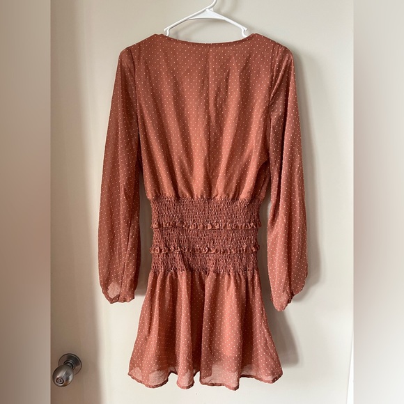 NWOT Dolls Kill Rust Orange Dot Ruched Wrap Dress by Peach Love California - Picture 2 of 2